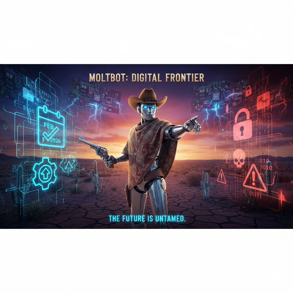 Moltbot digital frontier robot cowboy in a desert with futuristic cybersecurity icons.